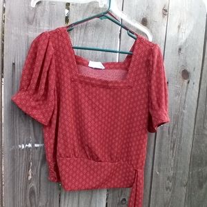 JUNE & HUDSON Top Juniors L Red Cropped Elastic Tie Neck Square Neck
